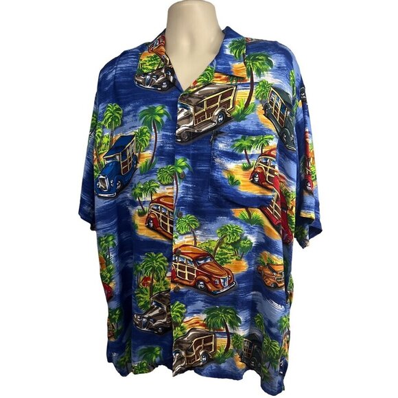 Blue Vintage All Over Print Hawaiian Floral Button Shirt 2XL Pocket Classic Cars